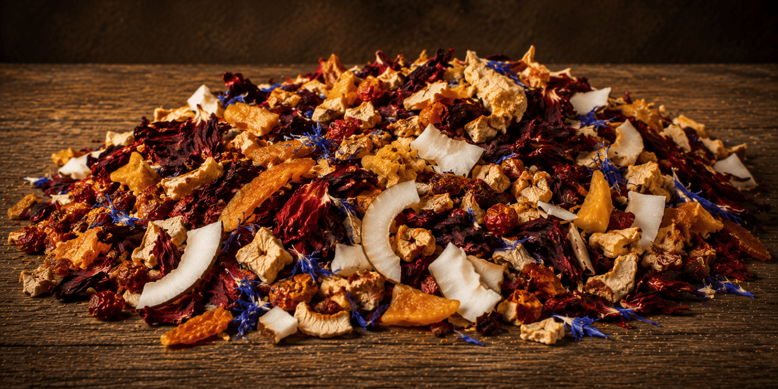 banner for the 187 tea blend storytelling with Hibiscus, Rose Hip, Apple, Coconut Chips, Pineapple, Orange Peel, Mango, Cornflower.
