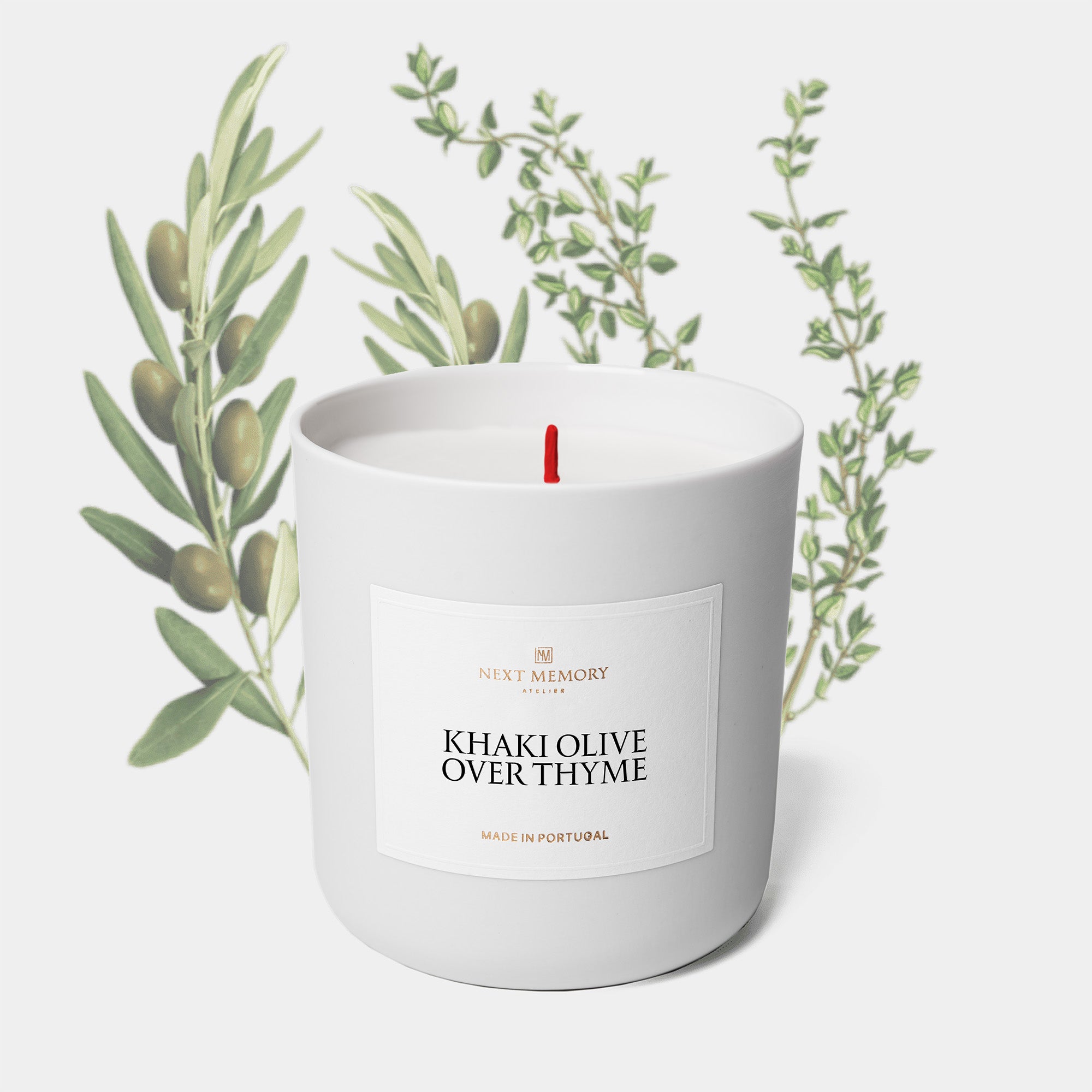 khaki olive over thyme candle with olives and thyme in the background