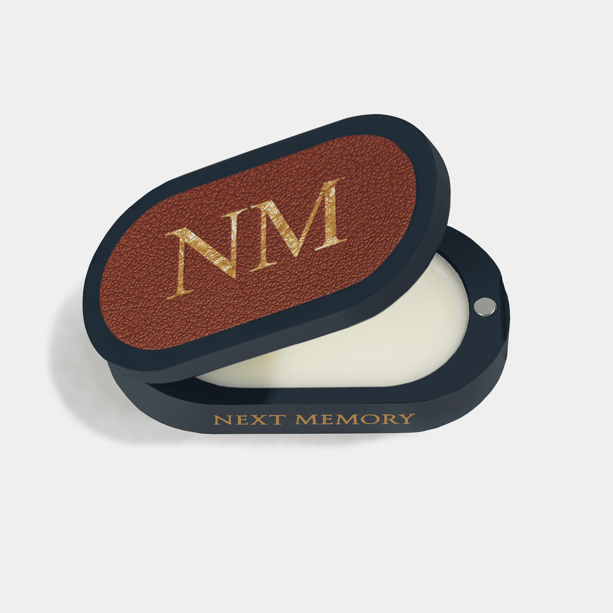 opened navy blue solid perfume case with cognac leather and gold letters