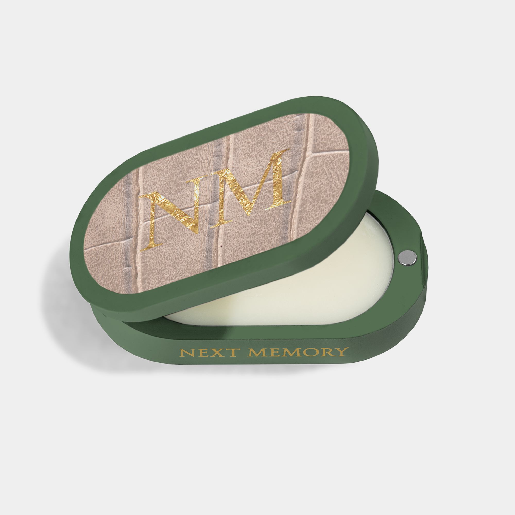 opened green solid perfume case with nude leather and gold letters