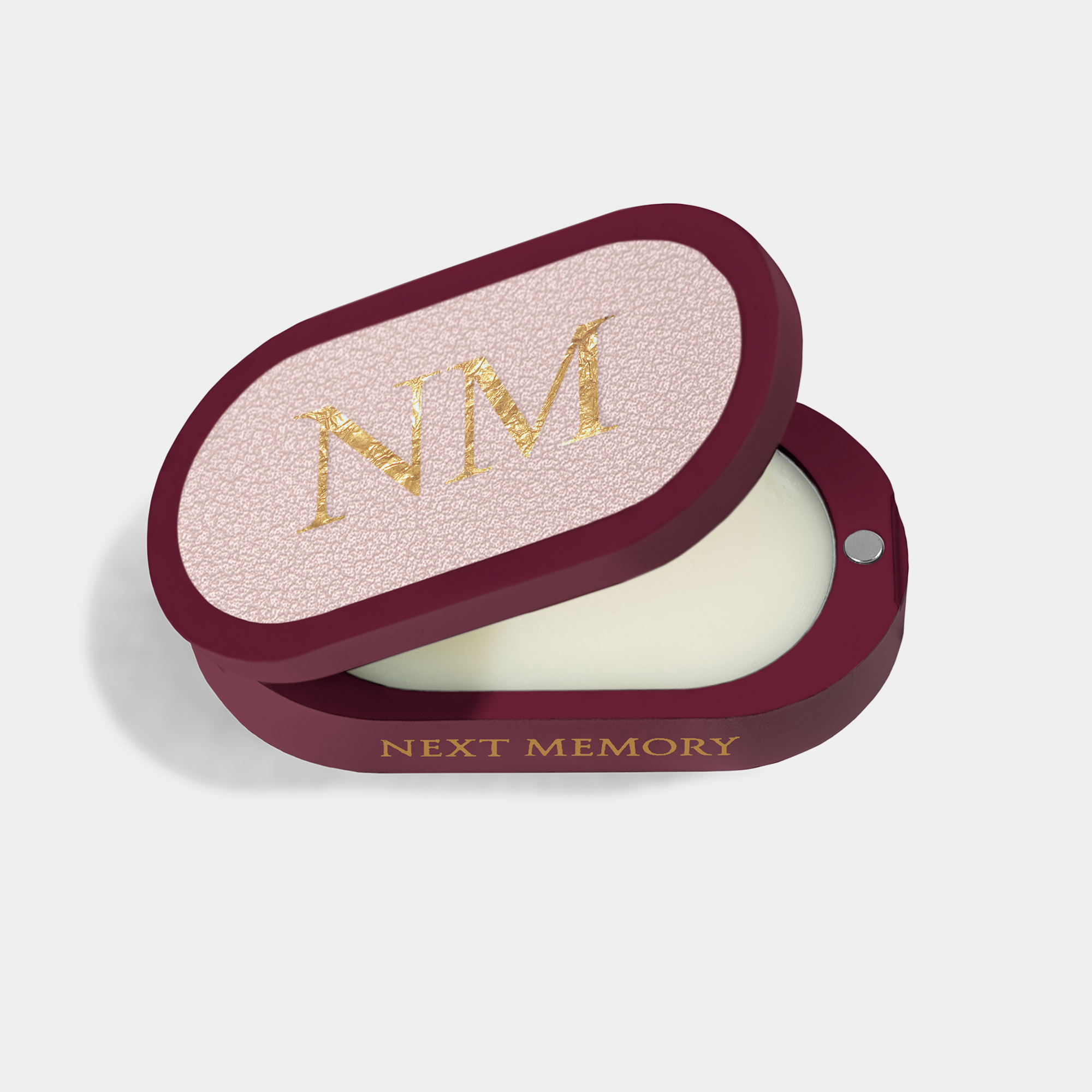 opened burgundy solid perfume case with soft pink leather and gold letters