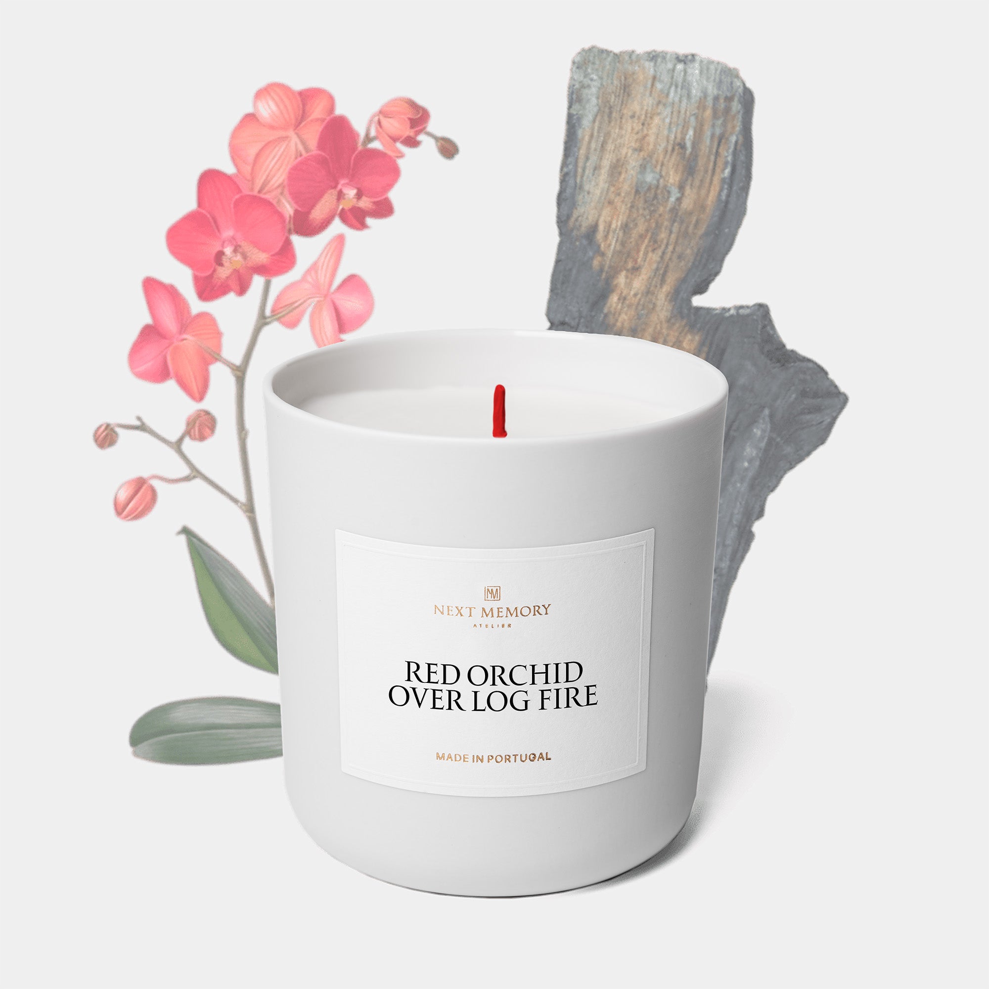 red orchid over log fire with orchid and burnt wood in the background