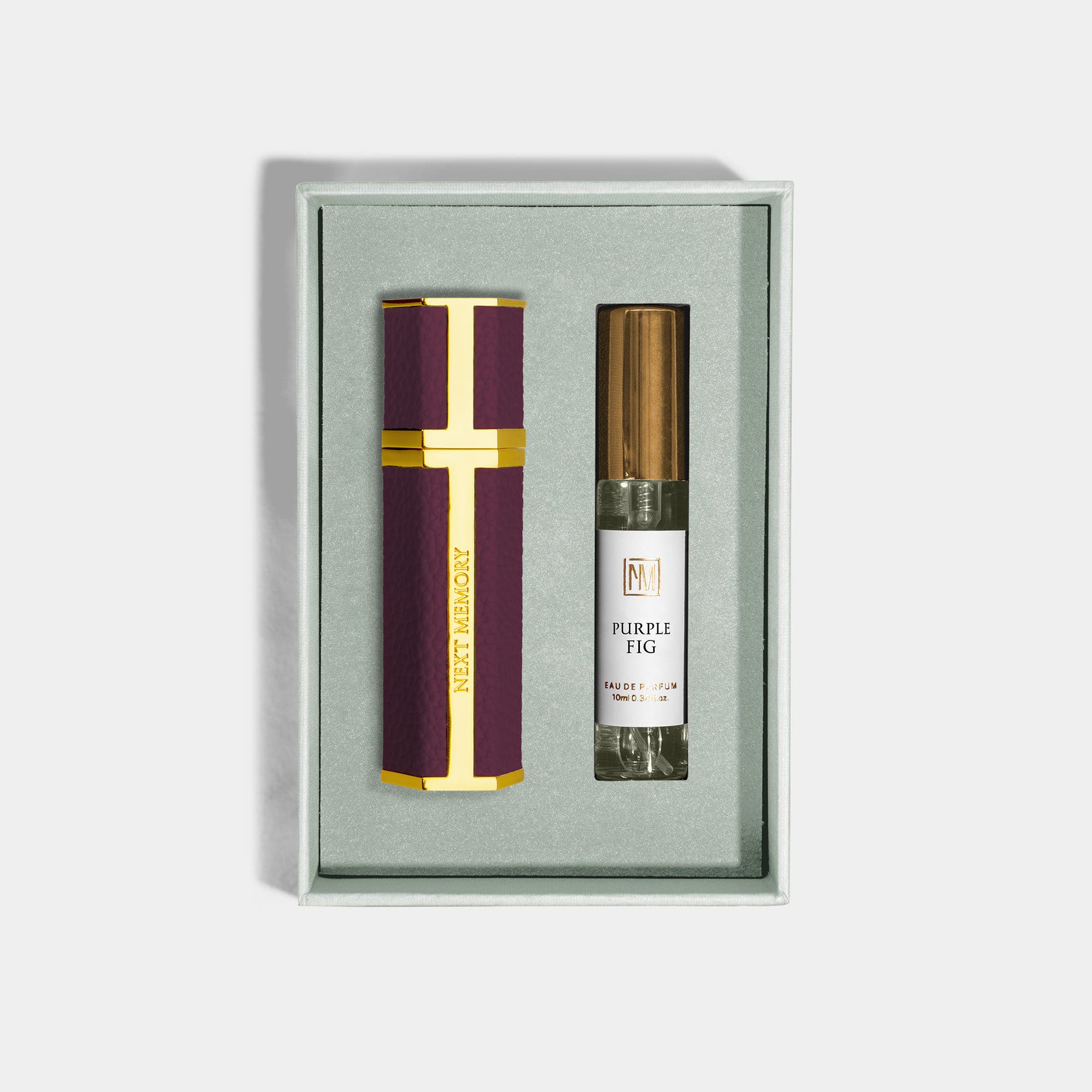 the hexagonal traveller duo top view, atomizer on the left and perfume on the right