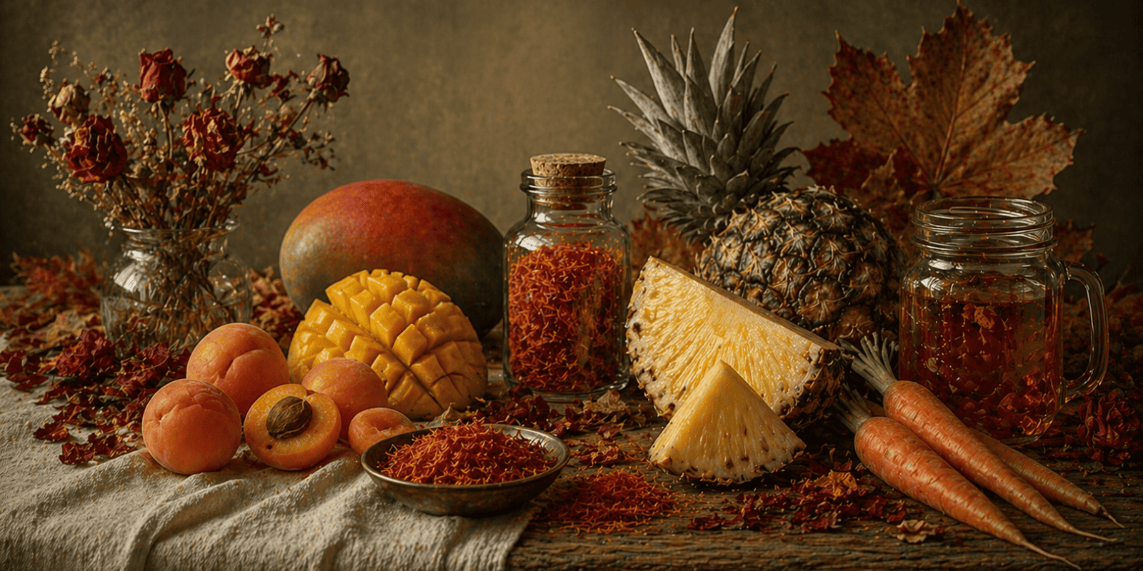 the afternoon elixir storytelling banner with Mango, Pineapple, Carrot, Apricot, Rose Petals, Safflower