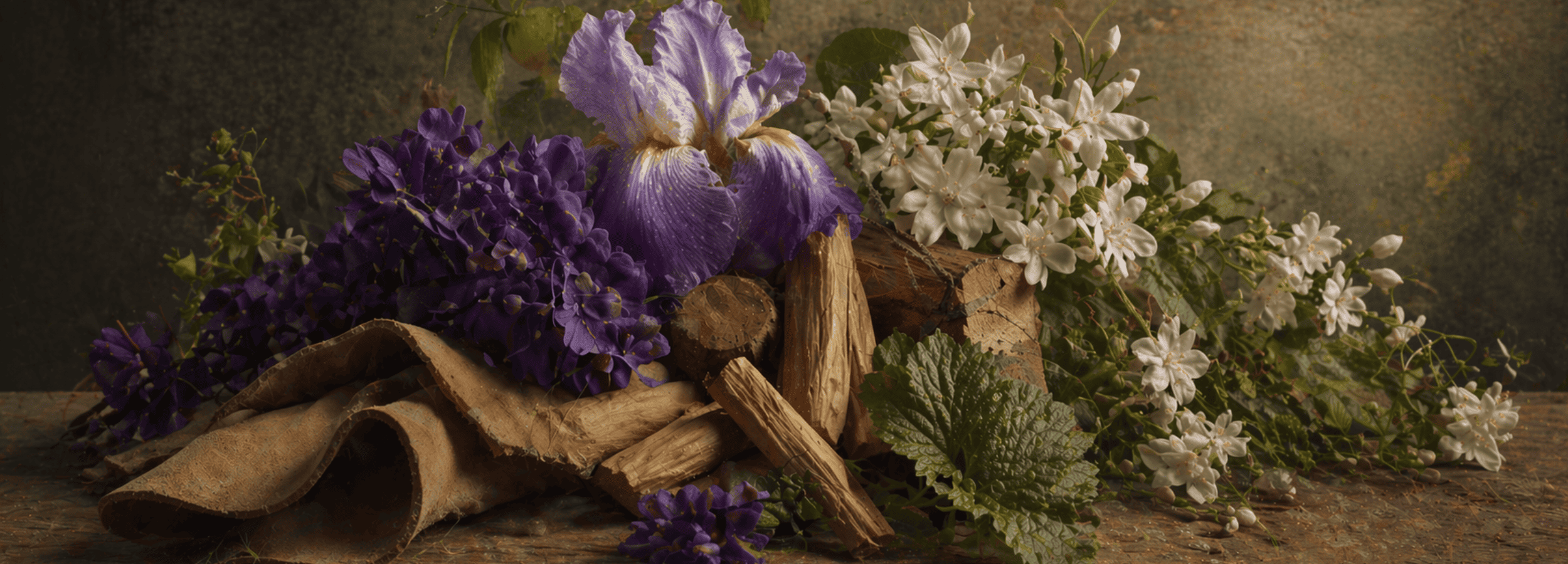 banner for the beige jasmin fragrance with Violet, Iris, Jasmine, Suede, Sandalwood, Patchouli, Musk, Tobacco, Amber