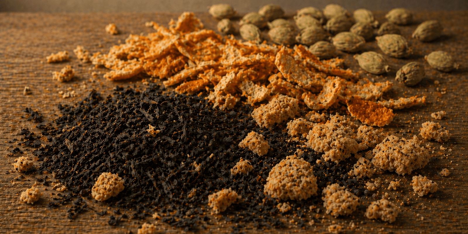 five o clock in mayfair storytelling banner with Black Tea Leaves, Orange Peel, Cookie Crumbs, Cardamom.