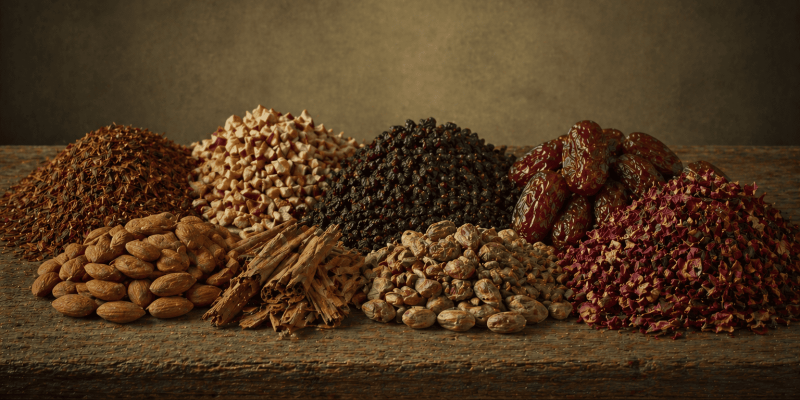 radiant skin formula blend banner with Rooibos, Almond, Currants, Apple, Dates, Whole Pistachios, Cinnamon Flower, Red Rose.