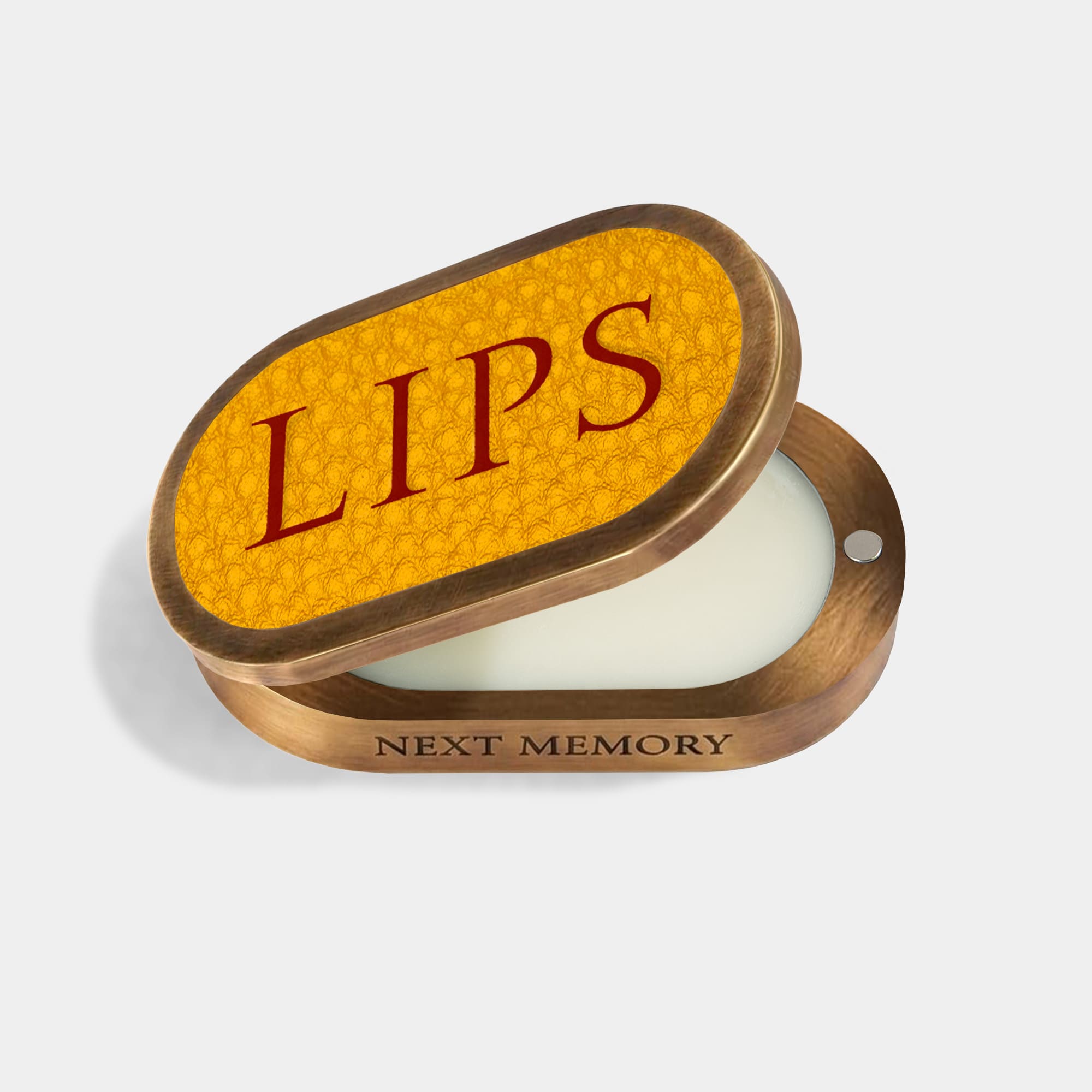 opened pastel de nata lip balm in an aged brass case