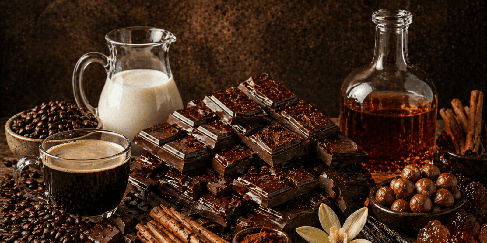 banner for the chocolate mousse scented candle storytelling with Warm Cinnamon, Milk, Black Coffee, Hazelnut, Rum, Dark Chocolate, Tahitian Vanilla, Creamy Sandalwood, Mineral Amber