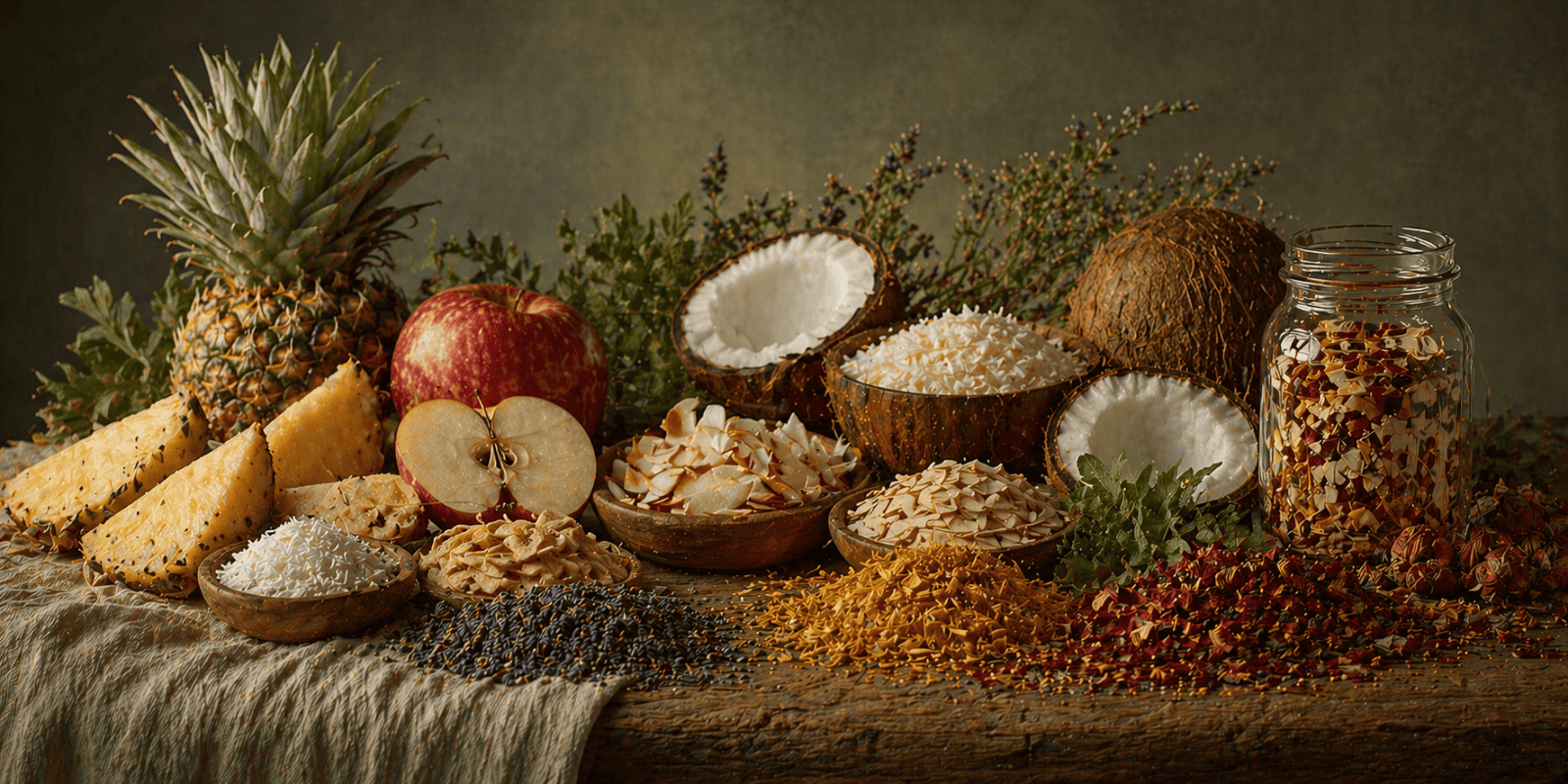 the exotic alchemy storytelling banner with Pineapple, Apple, Grated Coconut, Coconut Chips, Stevia, Banana, Lavender, Calendula, Rose Petals