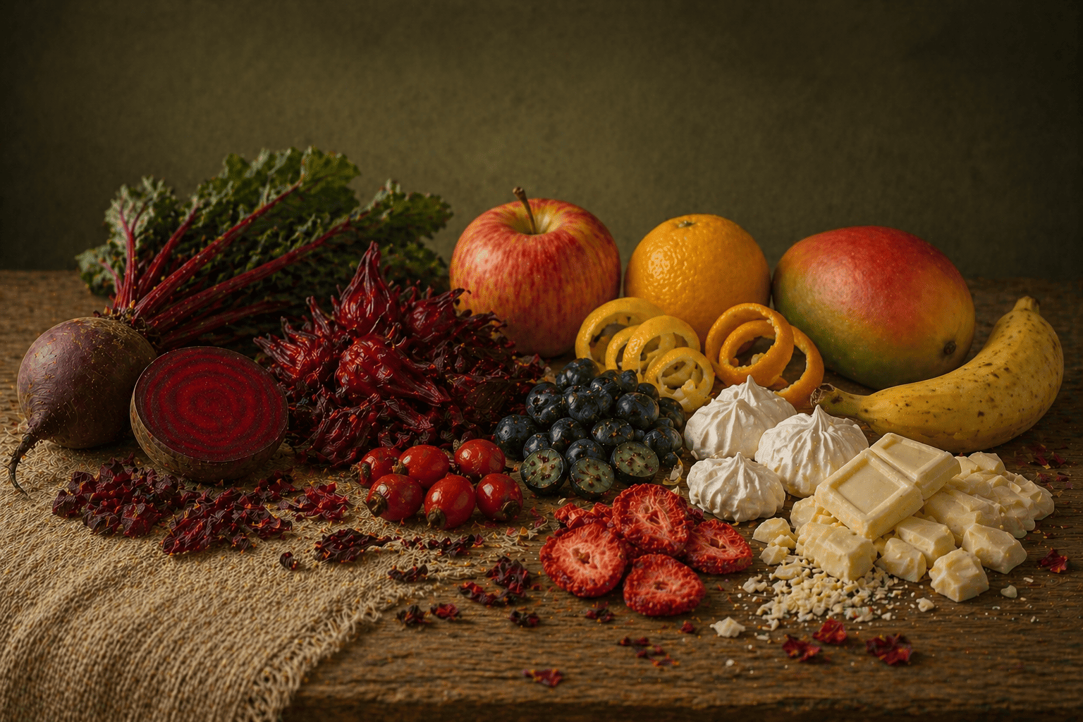 ruby red syrup storytelling banner with Beetroot, Hibiscus, Rose Hip, Cut Blueberry, Lemon Peel, Meringue, White Chocolate, Freeze-dried Strawberry