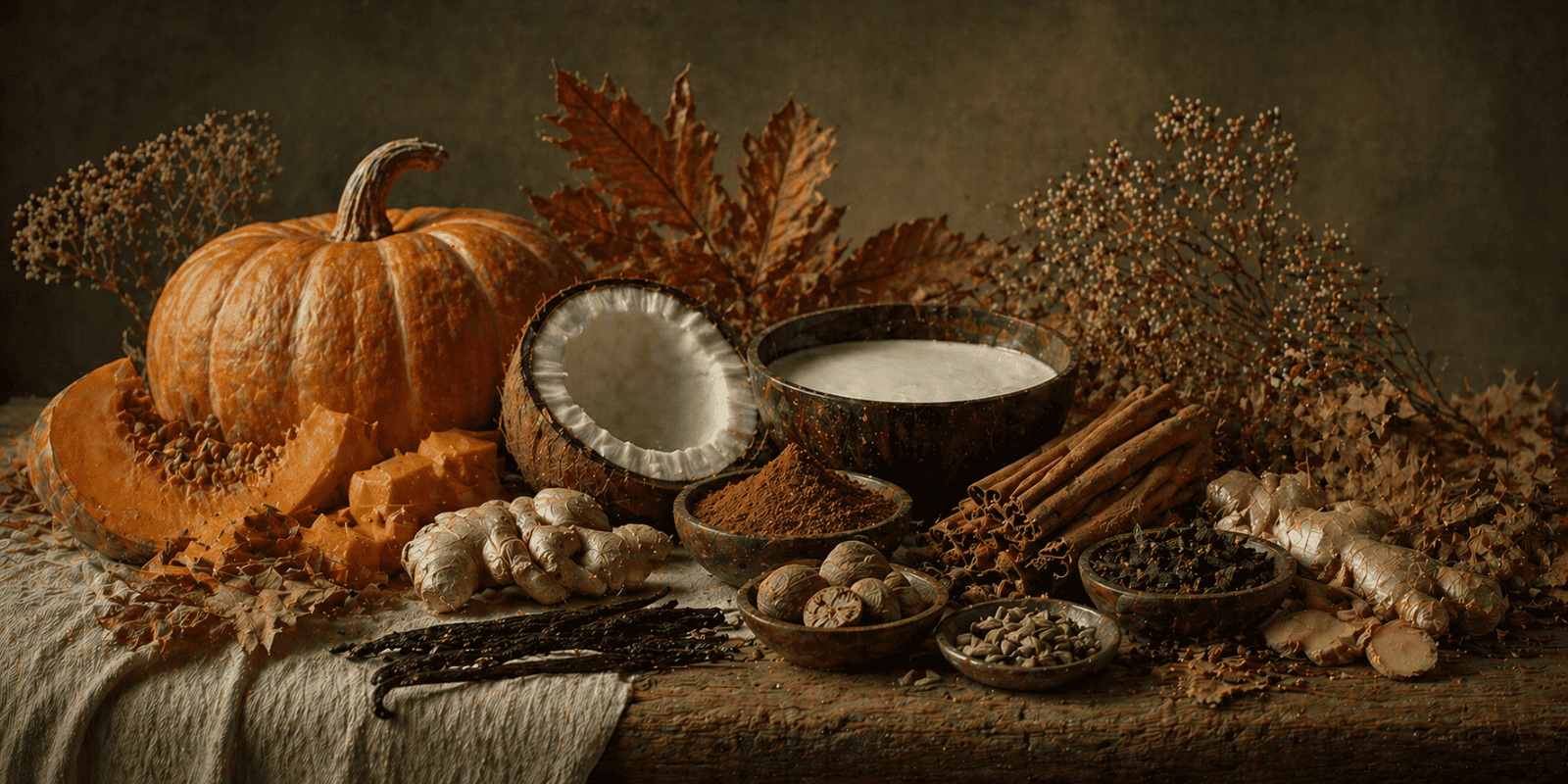 spiced apothecary storytelling banner with Pumpkin, Coconut Milk (coconut milk and tapioca maltodextrin), Cinnamon, Natural Vanilla Flavour, Nutmeg, Ginger, Clove, Cardamom.