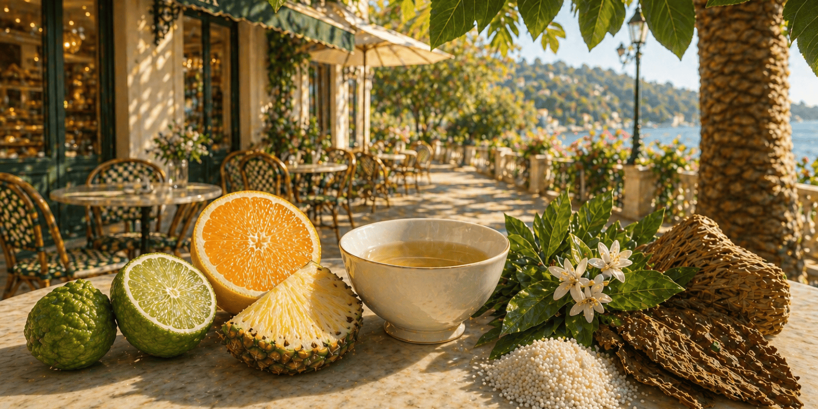 banner for the white tea over palm leaf fragrance with Bergamot, Orange, Pineapple, White Tea, Neroli, Tobacco Leaf, cedar, White Musk